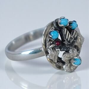 Vintage Sterling Silver Native American Hummingbird Ring Turquoise Coral SZ 8.75